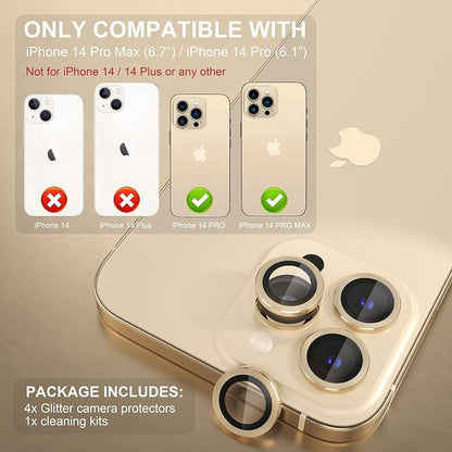 Choiche Compatible for iPhone 14 Pro/iPhone 14 Pro Max Camera Lens Protector, 9H Tempered Glass Camera Cover Screen Protector Metal Ring Decoration Accessories (Gold)