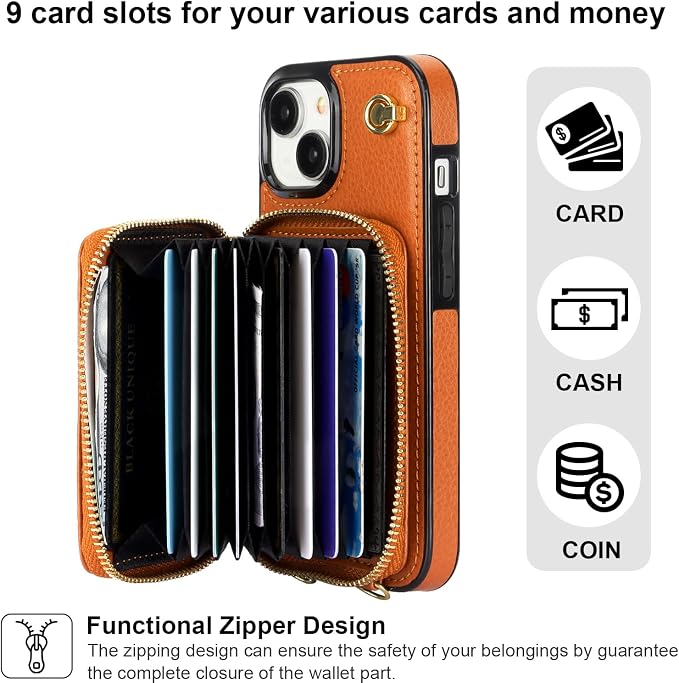 Bocasal Crossbody Wallet Case for iPhone 15, RFID Blocking Leather Purse Case with Card Holder, Protective Handbag Flip Cover with Zipper Wrist Strap Lanyard for Women 5G 6.1 Inch (Brown)