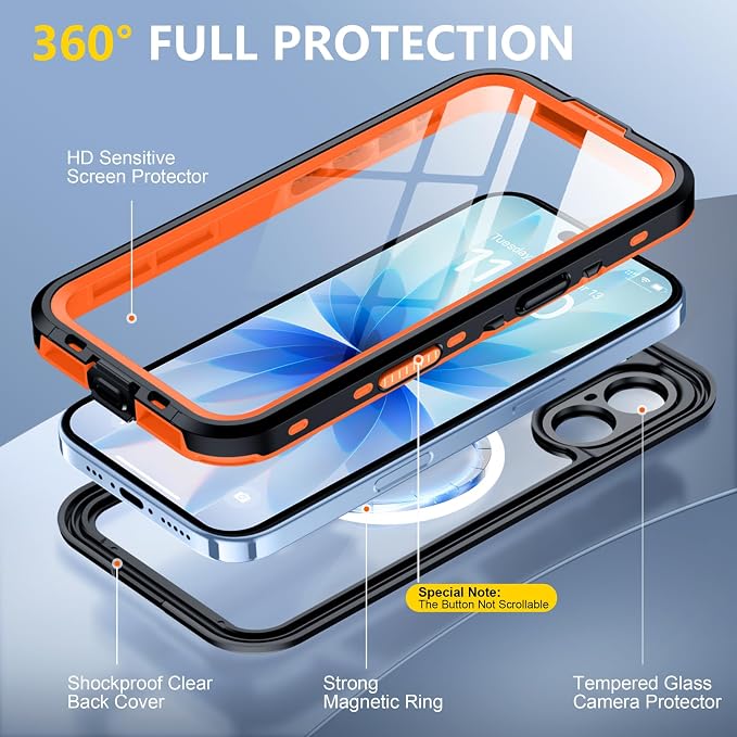 Red2Fire for iPhone 17 Case Waterproof, [Built-in Screen Protector & Camera Protector][Compatible with MagSafe][Full Body Shockproof][IP68 Waterproof][Dustproof] Phone Case 6.3" Orange/Clear