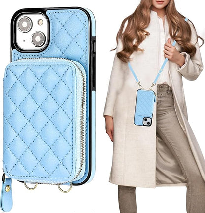 Bocasal Crossbody Wallet Case for iPhone 14, RFID Blocking PU Leather Zipper Handbag Purse Flip Cover, Kickstand Folio Case with Card Slots Holder Wrist Strap Lanyard 5G 6.1 Inch (Blue)