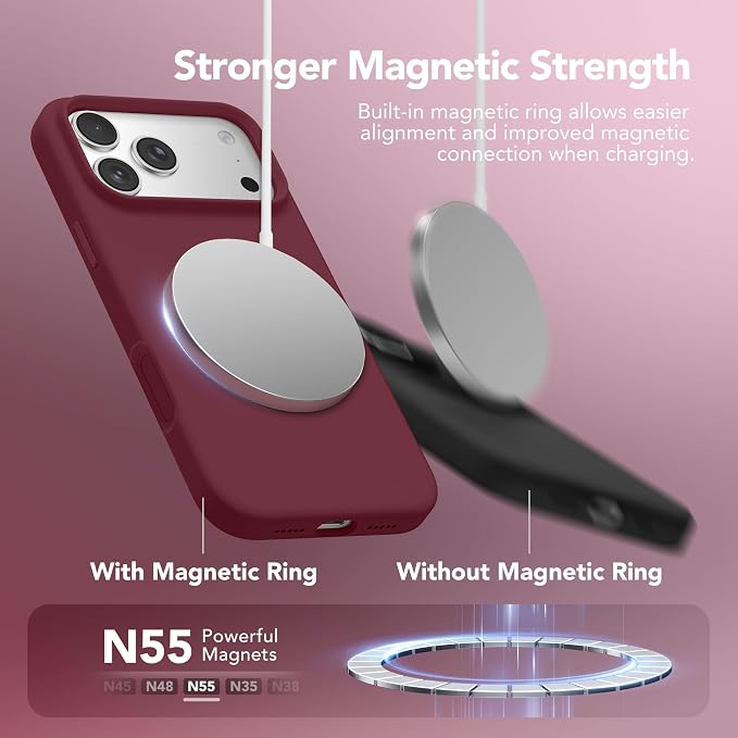 GONEZ Magnetic for iPhone 17 Pro Case, Compatible with MagSafe, [Screen Protector + Camera Lens Protector], Liquid Silicone Anti-Scratch Shockproof Protective Phone Case 6.3 inch, Maroon