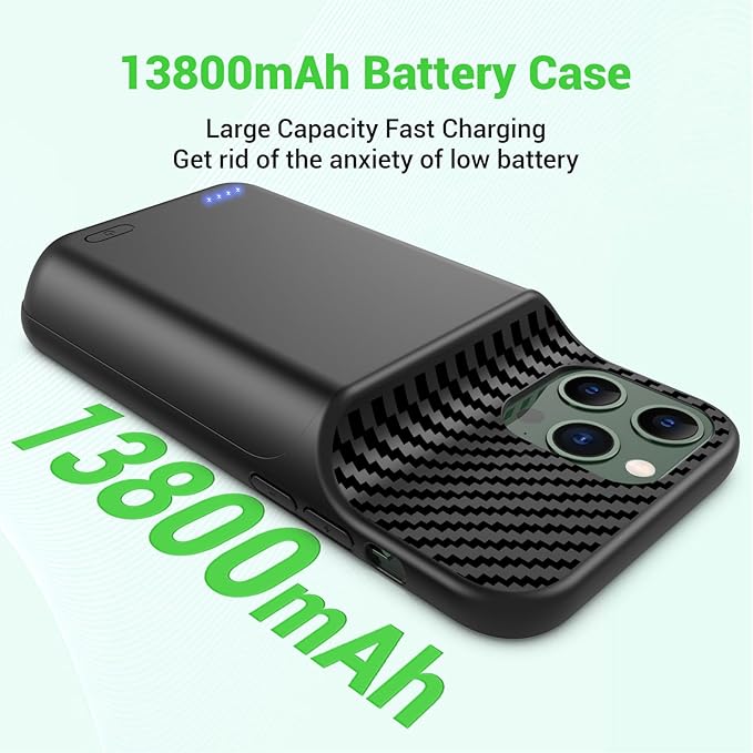 13800mAh High Capacity Battery Case for iPhone 14, for iPhone 13, 13 Pro (6.1 inch), 2026 Upgraded Battery Pack Rechargeable Charger External Charging Case w/Tempered Glass Screen Protector Black