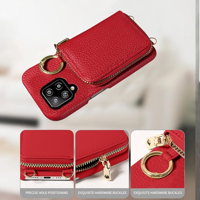 Wallet Case for Samsung Galaxy A22 4G 6.4 inch with Shoulder Strap Ring Buckle, PU Leather Zipper Organ Purse, Credit Card Holder Stand Phone Cover for M32 M22 F22 A 22 22A G4 Women Men Red