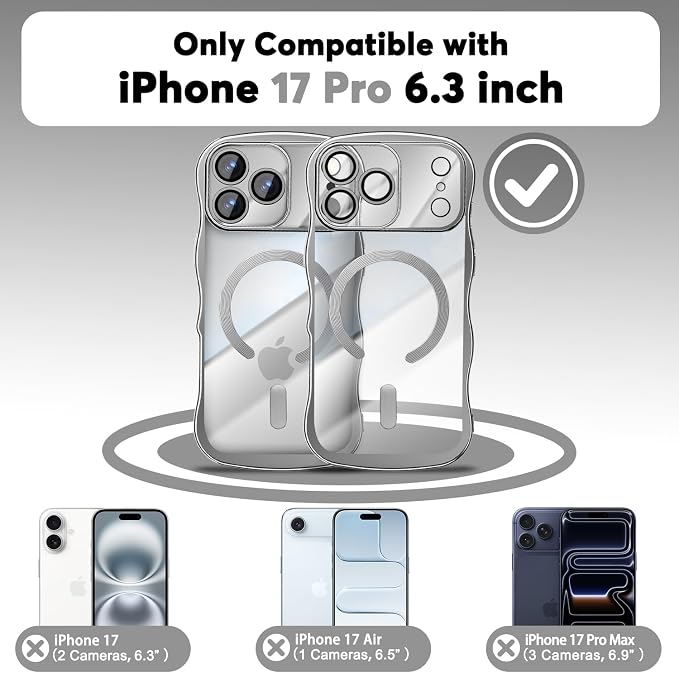 Misscase Designed for iPhone 17 Pro Case 6.3",with Privacy Screen Protector*1,Cute Wave Frame Case with Camera Lens Protector,Compatible with MagSafe Plating Bling for Women Silver
