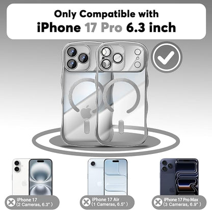 Misscase Designed for iPhone 17 Pro Case 6.3",with Privacy Screen Protector*1,Cute Wave Frame Case with Camera Lens Protector,Compatible with MagSafe Plating Bling for Women Silver