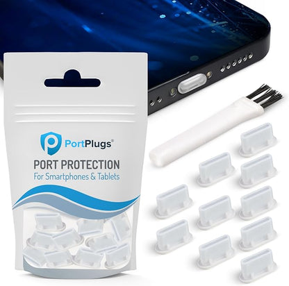 PortPlugs USB C Dust Plugs Keep Charging Ports Clean for iPhone 15 16 17, Kindle, Samsung, Pixel, MacBook and Android Devices | 10 Pack Port Cover Set with Cleaning Brush (Clear)