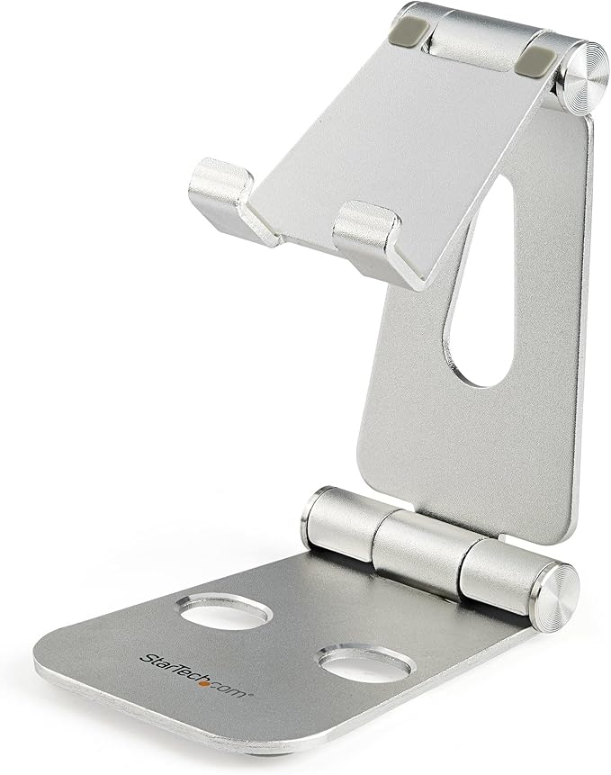 StarTech.com Phone and Tablet Stand - Foldable Universal Mobile Device Holder for Smartphones & Tablets Adjustable Multi-Angle Ergonomic Cell Phone Stand for Desk Portable, 4in to 13in (USPTLSTND)