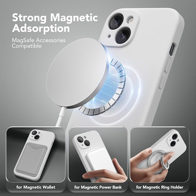 Magnetic for iPhone 15 Case, Compatible with MagSafe, [Screen Protector + Full Camera Protection], Silicone Shockproof Anti-Scratch Protective Phone Case for iPhone 15 6.1", White