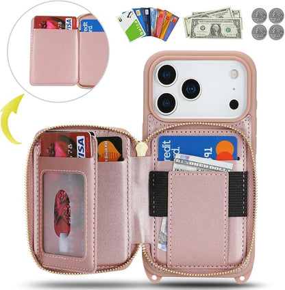 Crossbody Wallet Case for iPhone 17 Pro, PU Leather Zipper Handbag Purse Flip Cover, Kickstand Folio Case with Card Slots Holder Wrist Strap Lanyard 5G 6.3 Inch-Rose Gold