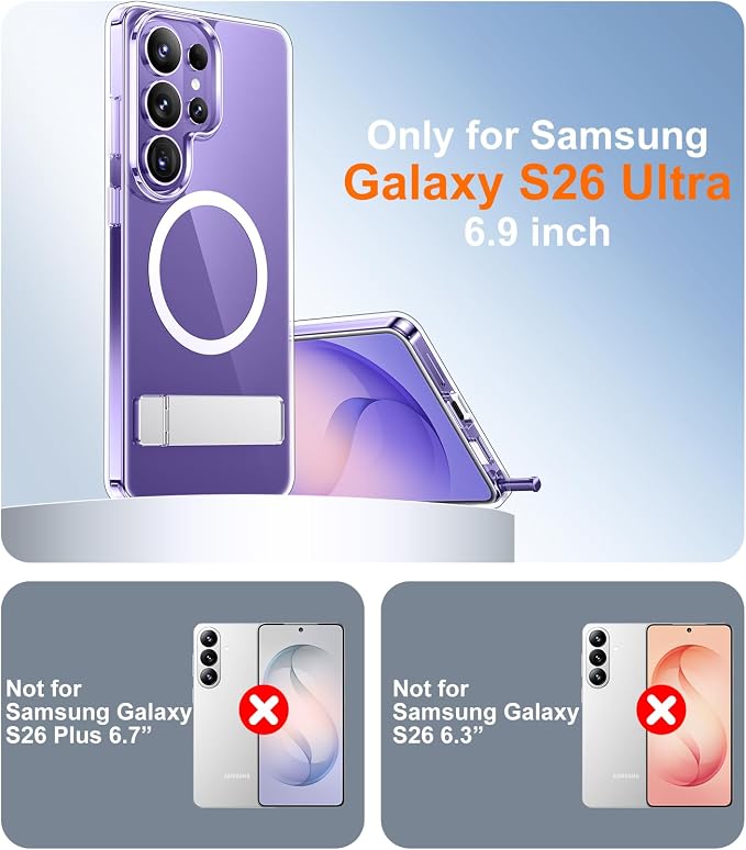 Magnetic for Samsung Galaxy S26 Ultra Case, [Innovate Stand][Military Grade Drop Protection][Non Slip][Non-Yellowing] Shockproof Phone Case for Galaxy S26 Ultra 2026 -Clear