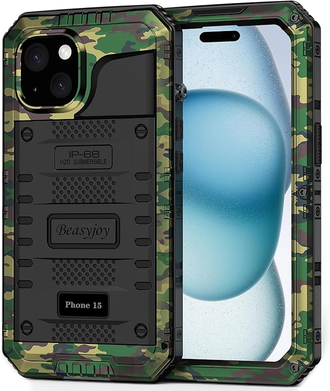 Beasyjoy for iPhone 15 Case Waterproof, Metal Heavy Duty Full Body Protective Case with Built-in Screen Protector, Military Grade Shockproof Dustproof Defender Rugged Cover for iPhone 15 6.1", Camo