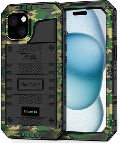 Beasyjoy for iPhone 15 Case Waterproof, Metal Heavy Duty Full Body Protective Case with Built-in Screen Protector, Military Grade Shockproof Dustproof Defender Rugged Cover for iPhone 15 6.1", Camo