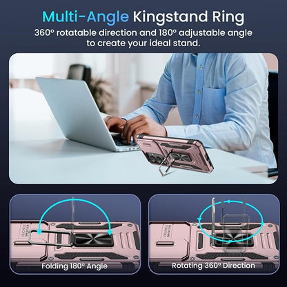 Caka for Samsung Galaxy S25 FE Case [HD Screen Protector] [Full Camera Lens Cover] [360°Rotated Kickstand Ring] [Heavy Duty Protection] Hard Rugged Protective Phone Cover for S25 FE - Rose Gold