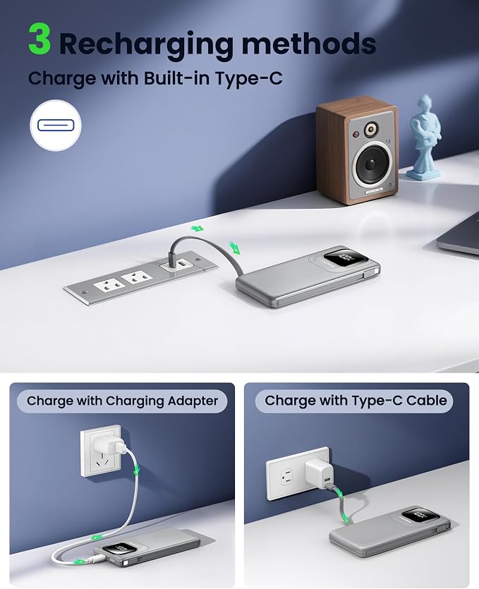Portable Charger Power Bank with Built-in Type C Cables, 22.5W Fast Charging 10000mAh Phone Charger, Travel Battery Pack Slim Battery Bank with Smart LED Display for iPhone, Android & USB-C-Gray