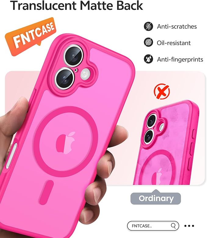 FNTCASE for iPhone 17 Case: [Compatible with Magsafe] Translucent Matte Cases with [Full Camera Protection] [Screen Protector] Military Grade Shockproof Protective Phone Cover - Hot Pink