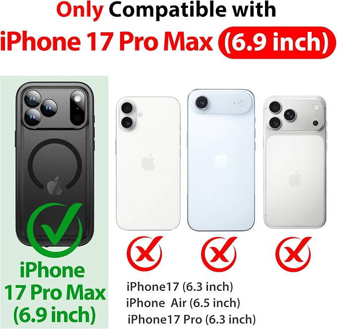SPORTLINK for iPhone 17 Pro Max Waterproof Case - Built in Screen Protector/Shockproof Compatible with MagSafe/Dropproof/Dustproof/Heavy Duty, Full Body for iPhone 17 Pro Max 6.9 inch Black