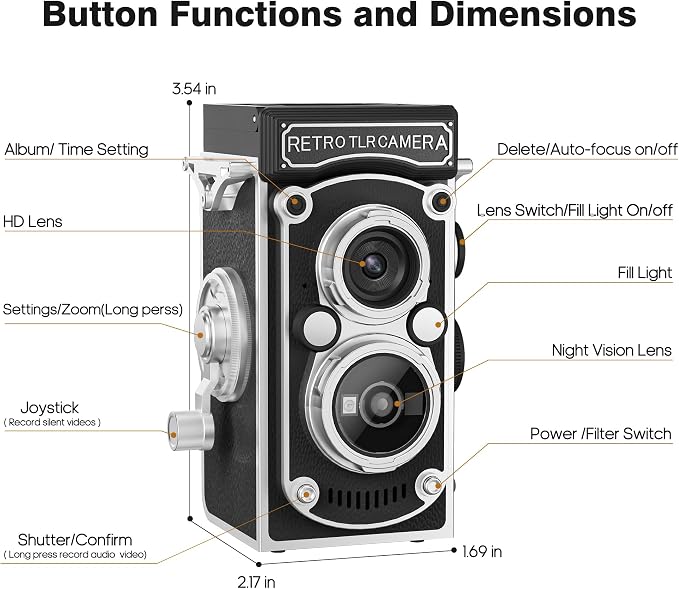Mini Retro TLR Digital Camera, Portable 24MP 1080P FHD Vintage Point and Shoot Pocket Travel Camera with Twin Lens, Autofocus, 16X Digital Zoom, 16GB Card, for Beginners, Teens & Adults - Black