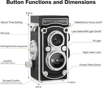 Mini Retro TLR Digital Camera, Portable 24MP 1080P FHD Vintage Point and Shoot Pocket Travel Camera with Twin Lens, Autofocus, 16X Digital Zoom, 16GB Card, for Beginners, Teens & Adults - Black