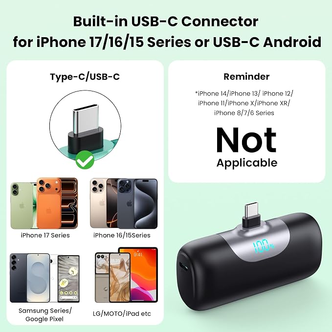 [2-Pack] 5500mAh Portable Charger for iPhone 17/16, LCD Display USB C Mini Power Bank, PD Fast Charging Lipstick Sized Battery Pack for iPhone 17/16/15 Pro Max, Galaxy S25/S24, Pixel (Black+Black)