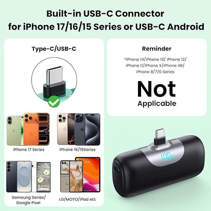 [2-Pack] 6000mAh Portable Charger for iPhone 17/16, LCD Display USB C Mini Power Bank,PD Fast Charging Lipstick Sized Battery Pack for iPhone 17/16/15 Pro Max, Galaxy S25/S24, Pixel (Black+White)