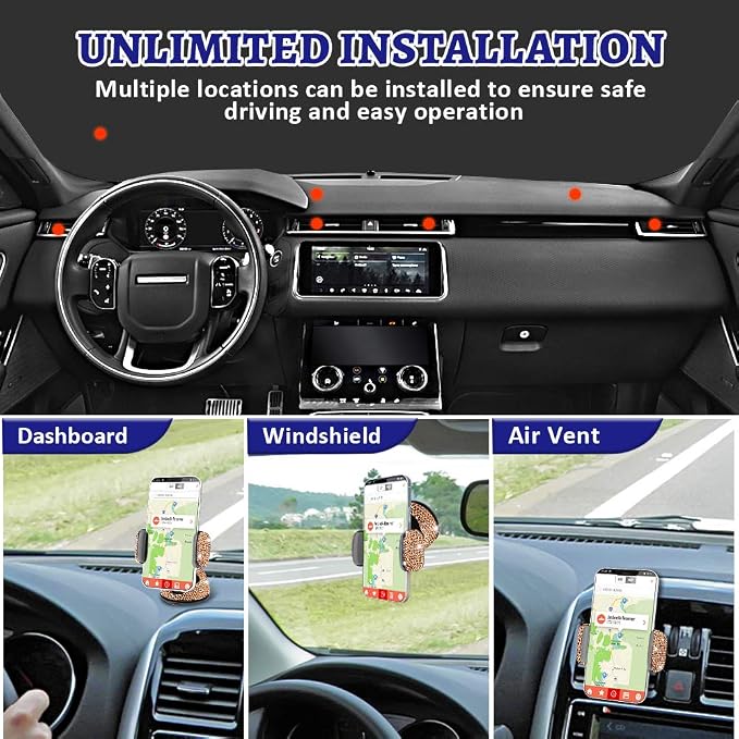 eing Car Phone Mount Cell Phone Holder with One More Air Vent Base,Bling Crystal Universal Phone Mount Holder Cradle for Dashboard,Windshield and Air Vent,Gold