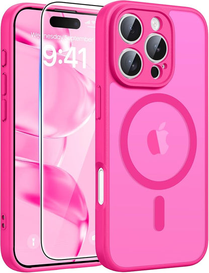 FNTCASE for iPhone 16 Pro Case: [Compatible with Magsafe] Translucent Matte Magnetic Phone Cover - Military Grade Drop Protection Shockproof Protective Cases - Hot Pink