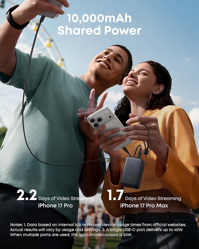 Anker Nano Portable Charger, 45W 10000mAh with 2.3 ft Retractable Cable, Compact Power Bank, Travel Essential Phone Battery Pack for iPhone 17/16 Series, iPad, Galaxy, Pixel, and More