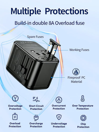 220V to 110V Voltage Converter Universal Travel Adapter International Step Down Power Adapter Converter with 3 USB C and USB A Ports US Canada to Europe Plug Adapter Travel Plug Adapter (Black)