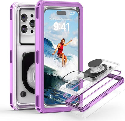 APRUT Waterproof Phone Pouch Case 7.5", 2025 Upgraded IPX8 Waterproof Phone Case for Snorkeling, Universal Fit for iPhone 16 Pro Max 15 14 13, Galaxy S25, Beach Vacation Essentials (Purple)
