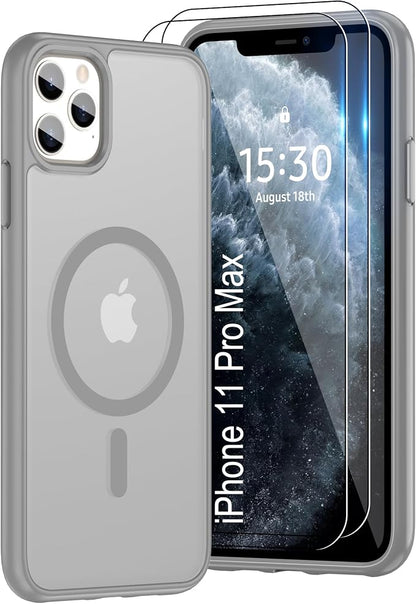 Pilaru for iPhone 11 Pro Max Case [Compatible with Magsafe] Translucent Matte Magnetic Case with Screen Protector,SlimThin Shockproof Military Grade Drop Protection Cover for iPhone 11 ProMax-Gray