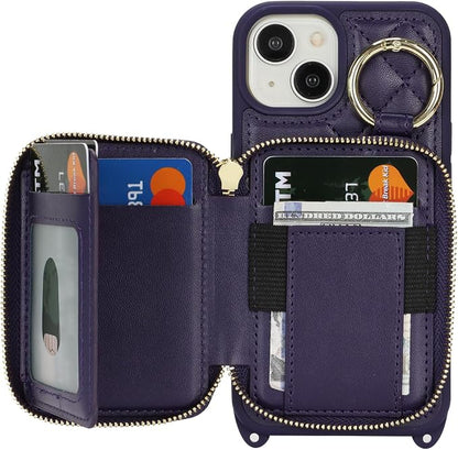 Crossbody Wallet Case for iPhone 14, PU Leather Zipper Handbag Purse Flip Cover, Kickstand Folio Case with Card Slots Holder Wrist Strap Lanyard 5G 6.1 Inch-Purple