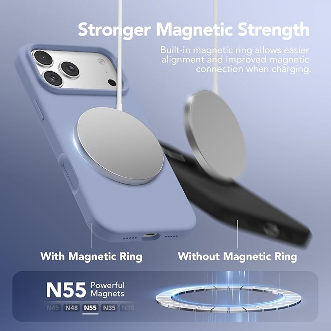 GONEZ Magnetic for iPhone 17 Pro Case, Compatible with MagSafe, [Screen Protector + Camera Lens Protector], Liquid Silicone Anti-Scratch Shockproof Protective Phone Case 6.3 inch, Lavender Gray