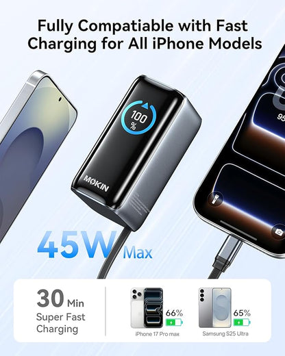 MOKiN Portable Charger 10000mAh, 45W PD Fast Charging Power Bank with Built-in Retractable USB-C Cable, Smart Display Mini Battery Pack, Pocket Portable Charger for iPhone 17/16/15, Samsung, iPad