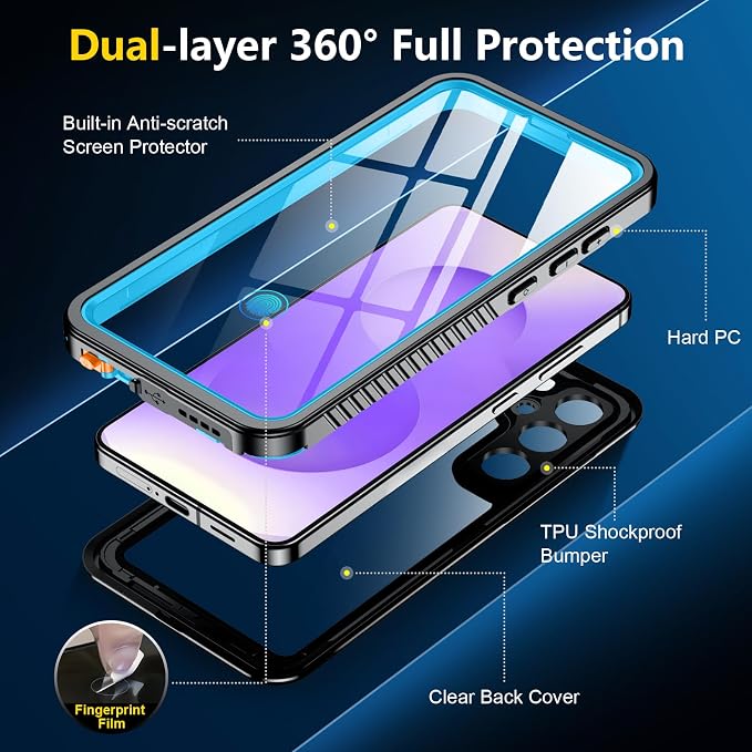 SPIDERCASE Upgraded for Samsung Galaxy S25 Case Waterproof,Built-in Screen & Camera Lens Protector[IP68 Underwater] [Military Grade Shockproof] Full Body Protection Phone Case,Blue/Clear