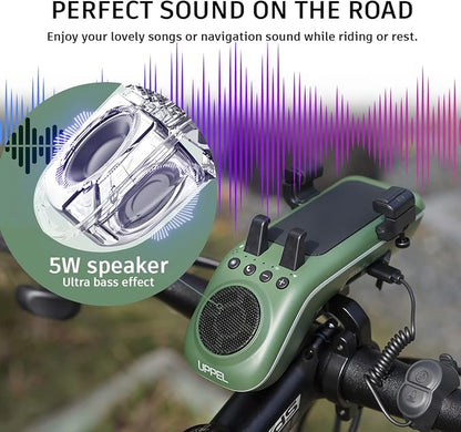 UPPEL Bike Phone Mount, Multifunctional Phone Holder Bicycle Bluetooth Speakers 10-in-1 LED Light Bike Horn Microphone Ideal for Road & Mountain Bike - Extreme & Casual Cycling (Green)