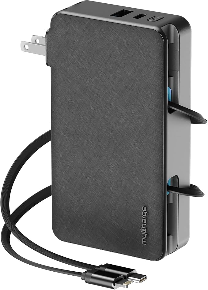 myCharge RetractaCharger+ 10000mAh Portable Power Bank - 28" Retractable 1 USB-C & 1 Lightning Cables | Built-in Wall Plug | Digital Display | USB-C/A Ports | Up to 60 Hours of Power | Black