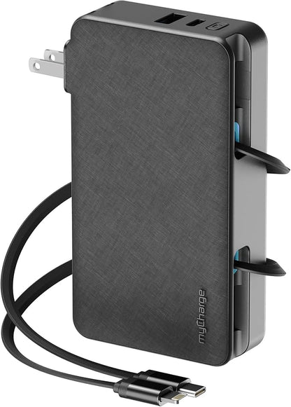 myCharge RetractaCharger+ 10000mAh Portable Power Bank - 28" Retractable 1 USB-C & 1 Lightning Cables | Built-in Wall Plug | Digital Display | USB-C/A Ports | Up to 60 Hours of Power | Black