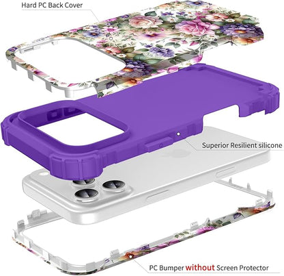 Hocase for iPhone 17 Pro Case 6.3", Heavy Duty Shockproof Protection Soft Silicone Rubber+Hard Plastic Bumpers Hybrid Protective Case for iPhone 17 Pro 2025 - Purple Pink Flowers