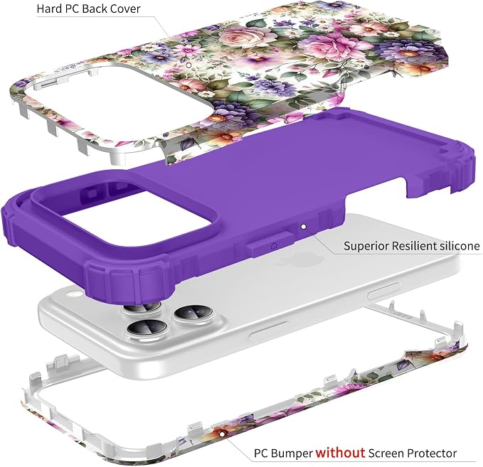 Hocase for iPhone 17 Pro Max Case, Heavy Duty Shockproof Protection Soft Silicone Rubber+Hard Plastic Bumpers Hybrid Protective Case for iPhone 17 Pro Max 2025 - Purple Pink Flowers