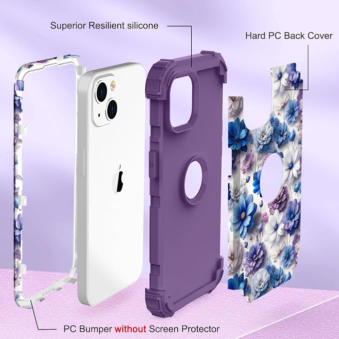 Hocase for iPhone 14 Case/iPhone 13 Case, Heavy Duty Shockproof Protection Soft Silicone Rubber+Hard Plastic Bumpers Hybrid Protective Case for iPhone 13/14 (6.1") - Blue Purple Flowers