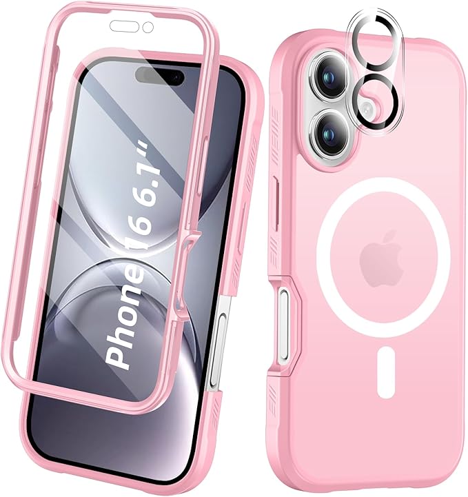 Compatible with iPhone 16 Case, Built-in Screen Protector, with Camera Lens Protector, [Compatible with MagSafe] Matte Back Full Body Phone Case, Protective Cover for 16 6.1" (Pink)