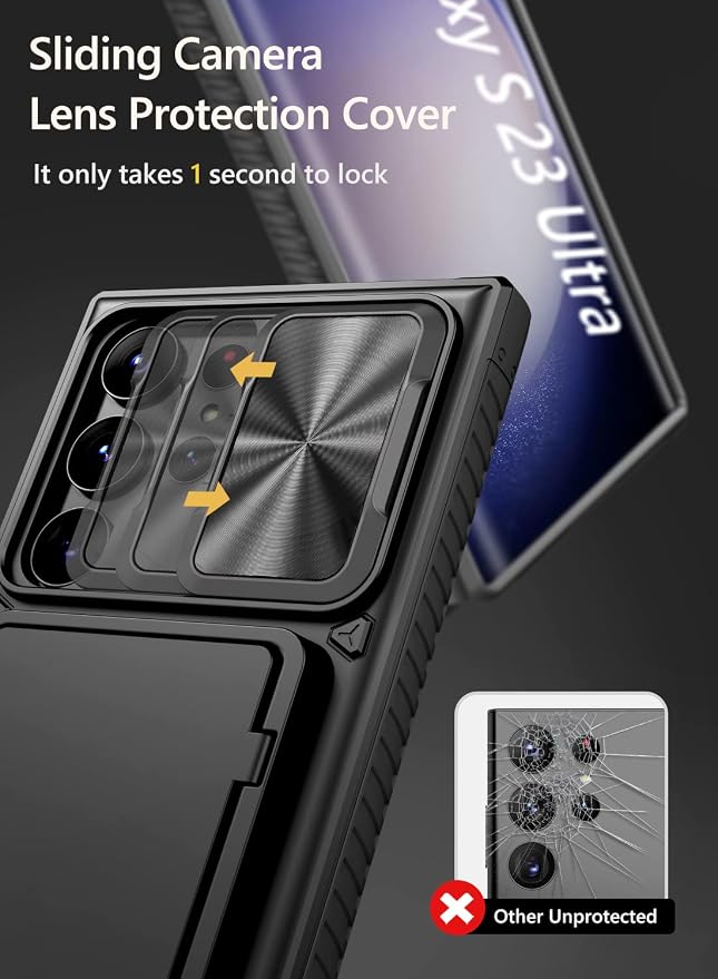 Vihibii for Samsung Galaxy S23 Ultra Case with Card Holder (4 Cards) & Sliding Camera Cover & Kickstand, Shockproof Rugged Hard Back & TPU Edge Wallet Cover for Galaxy S23 Ultra 5G 6.8" 2023, Black