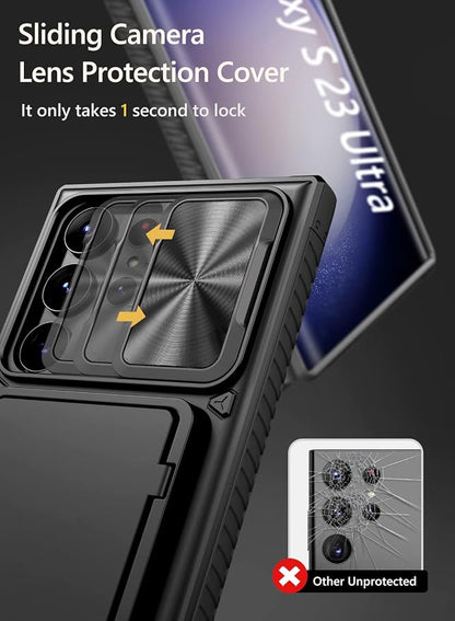 Vihibii for Samsung Galaxy S23 Ultra Case with Card Holder (4 Cards) & Sliding Camera Cover & Kickstand, Shockproof Rugged Hard Back & TPU Edge Wallet Cover for Galaxy S23 Ultra 5G 6.8" 2023, Black