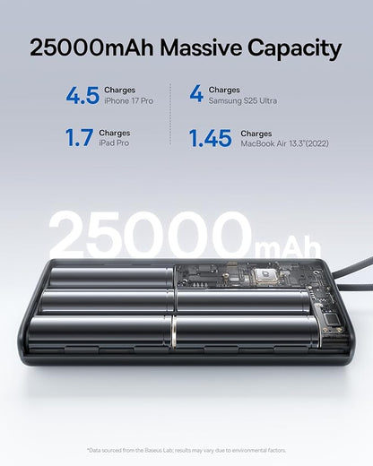 Baseus 25000mAh Power Bank, 140W Laptop Portable Charger with Dual Built-in USB-C Cables, PD3.1 Fast Charging Battery Pack for MacBook Pro/Air, iPhone 17/16/15/14, Galaxy S24, Steam Deck, iPad