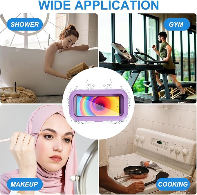 PATIKIL 2 Pcs Shower Phone Holder Waterproof, 360° Retractable Adjustable Shower Phone Case Anti Fog Wall Mount for Bathroom Mirror Bathtub Fit for 7-Inch, Purple
