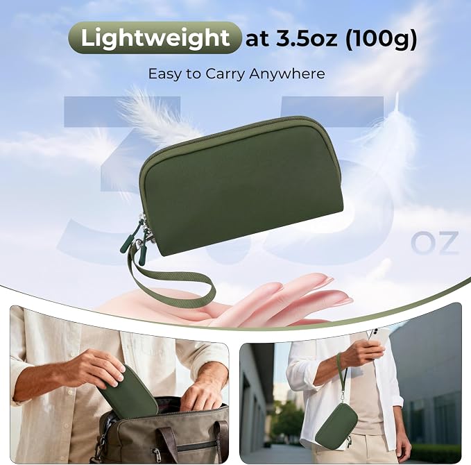 FYY Travel Cable Organizer - 8 Compartments, Lightweight, Water Repellent | With Wrist Strap, Portable Tech Pouch for Cord Charger, Travel and Business Trips Use, Soft Shell Nylon, Green (Small)