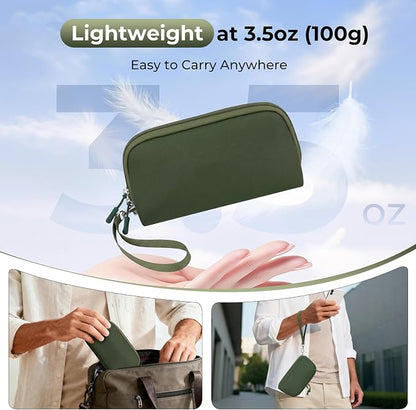 FYY Travel Cable Organizer - 8 Compartments, Lightweight, Water Repellent | With Wrist Strap, Portable Tech Pouch for Cord Charger, Travel and Business Trips Use, Soft Shell Nylon, Green (Small)