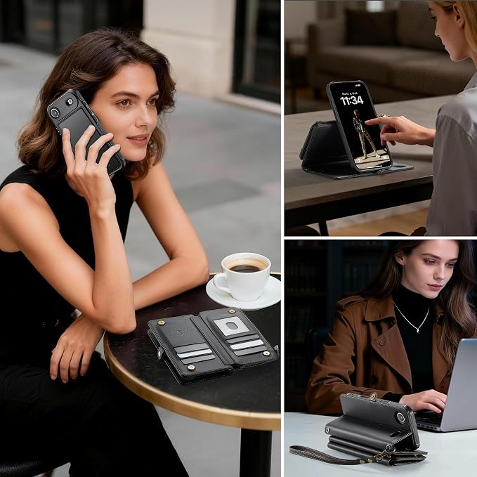 Strapurs for iPhone Air Detachable Wallet Case Compatible with Magsafe for Women, RFID Blocking 9-Card Holder Zipper Strap Lanyard PU Leather Magnetic Phone Case for iPhone 17 Air 6.5", Black