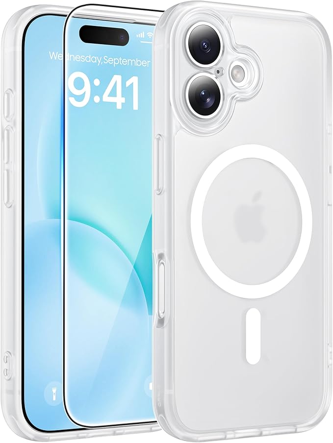 FNTCASE for iPhone 16 Case: [Compatible with Magsafe] Translucent Matte Cases with [Full Camera Protection] [Screen Protector] Military Grade Shockproof Protective Phone Cover - White
