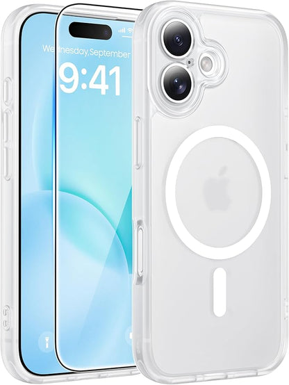 FNTCASE for iPhone 16 Case: [Compatible with Magsafe] Translucent Matte Cases with [Full Camera Protection] [Screen Protector] Military Grade Shockproof Protective Phone Cover - White
